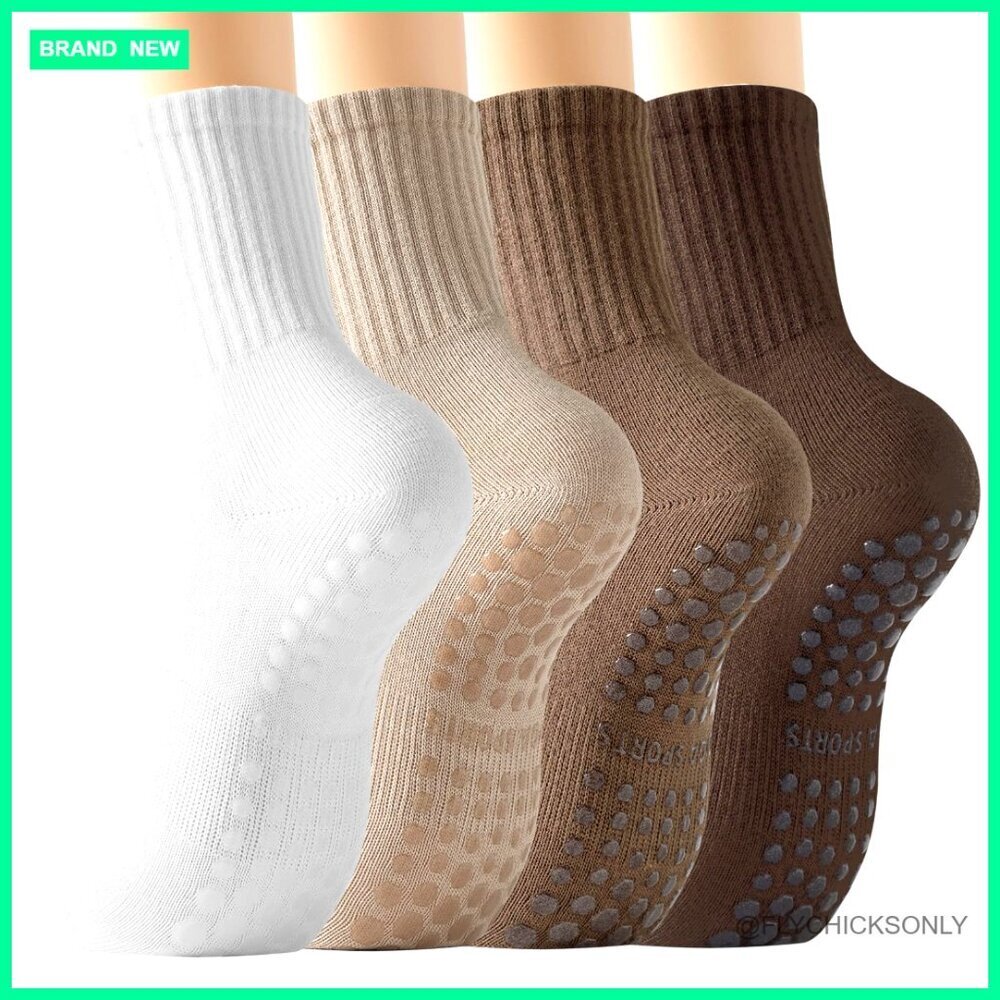 Women's Pilates Socks with Grips, Cotton Athletic Crew Ankle Workout